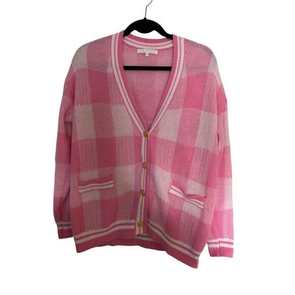 Revolve More To Come Bonnie Cardigan SZ XS Pink Peppy Plaid Coquette Gold Button - Picture 2 of 8